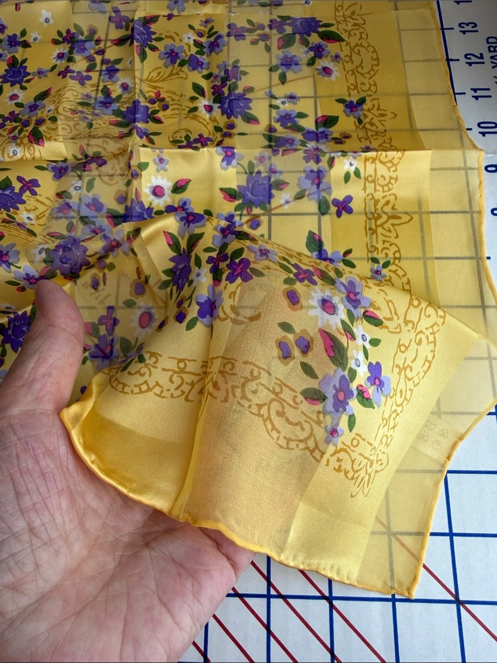 Vintage Mitsukoshi 100% Silk Floral Scarf Yellow Purple Japanese Square 26.5”